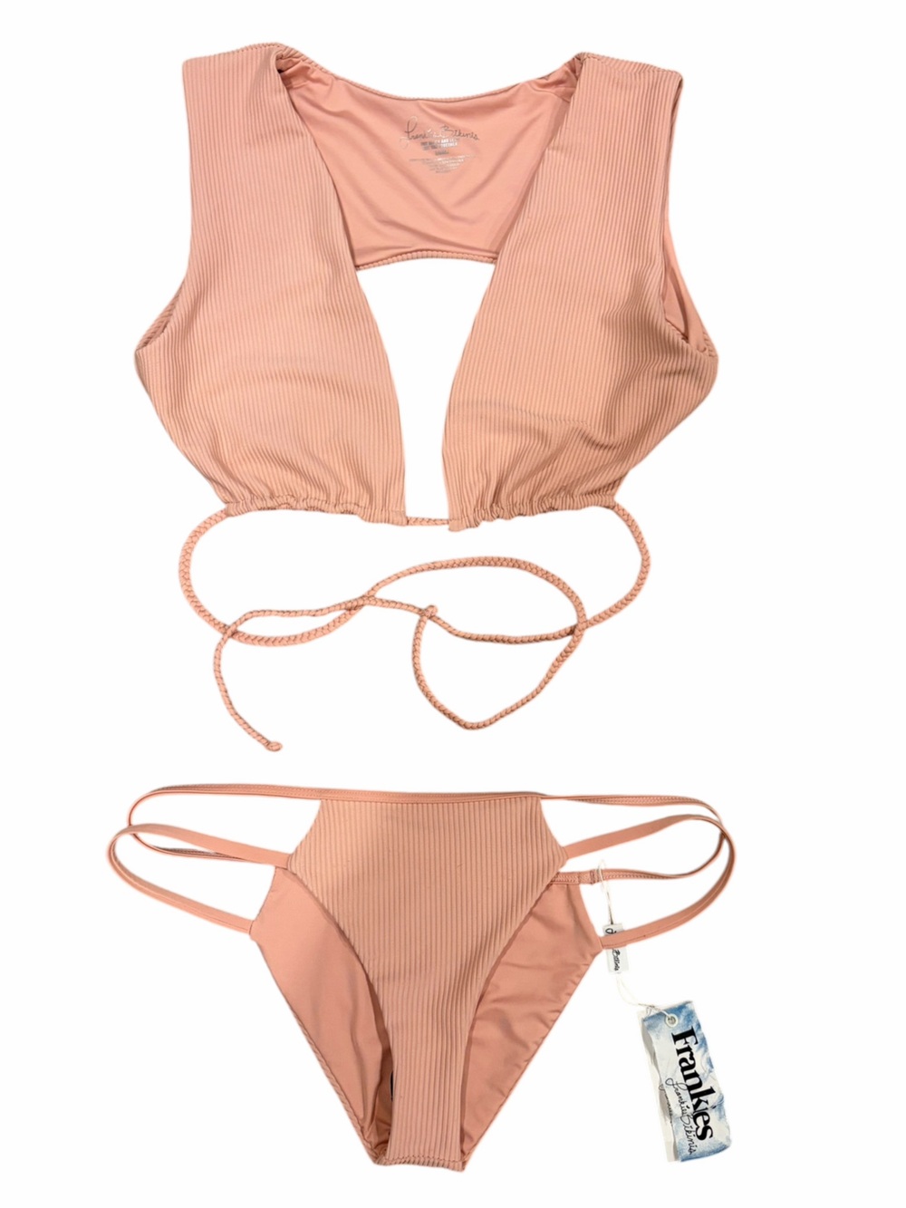 NWT Frankie’s Bikinis Vintage Rose Shea Ribbed Top size L Jaymi Bottoms size M